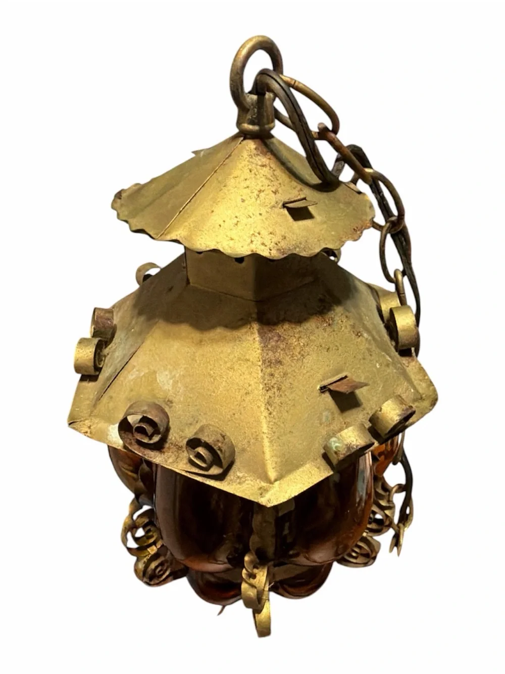 Vintage-Style Hanging Lantern in Blown Amber Glass Gold Tone by GE